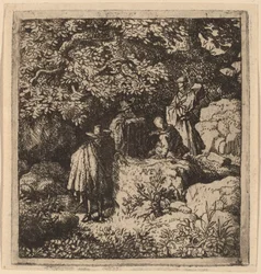 Cuatro figuras bajo un árbol, probablemente c. 1645-1656