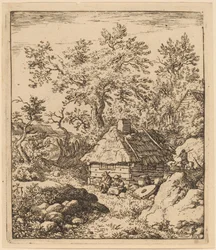 Paisaje con piedra de molino cerca de un barril