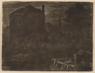 Paisaje Nocturno con Casa y Aguja de Iglesia