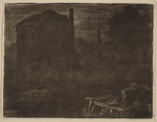 Paisaje nocturno con casa y aguja de iglesia