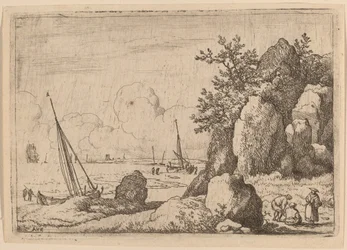 Paisaje marino con tres figuras a la derecha