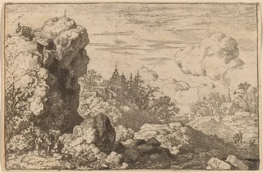 Tres viajeros al pie de una roca alta, probablemente c. 1645-1656
