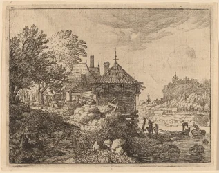 Dos barcos acercándose a una cabaña, probablemente c. 1645-1656
