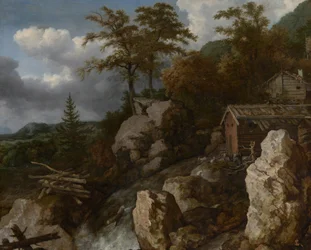 Cascada con cabañas de troncos
