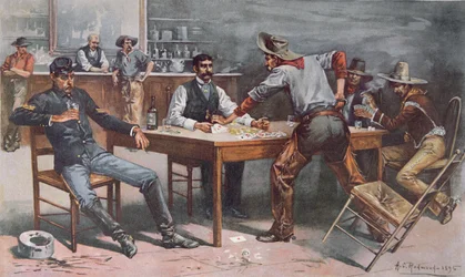 Discusión sobre cartas en un salón del Oeste