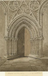 Catedral de Lichfield - Puerta Oeste: dibujo en sepia rojo/marrón