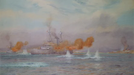 H.M.S. Albion comandado por el Capitán A. Walker-Heneage completando la destrucción de los fuertes exteriores de los Dardanelos en 1915, 1925