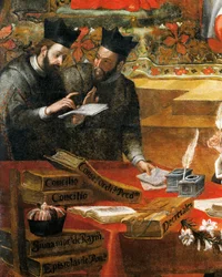 Discusión entre dos jesuitas, detalle de San Raimundo de Peñafort, consejero del Papa Gregorio IX, por Alonso Antonio Villamor (1661-1729). Del Convento de San Esteban, Salamanca, España.