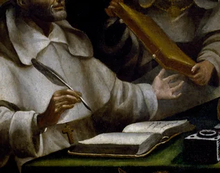 Las manos de San Alberto mientras escribe, detalle de San Pablo apareciendo a San Alberto Magno y Santo Tomás de Aquino, pintura de Alonso Antonio Villamor (1661-1729), detalle