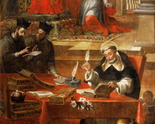 Dos jesuitas hablando mientras San Raimundo escribe el Concilio, detalle de San Raimundo de Peñafort, consejero del Papa Gregorio IX, por Alonso Antonio Villamor (1661-1729). Del Convento de San Esteban, Salamanca, España.