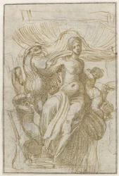 Leda o Venus (?) con pájaro y putti delante de una concha