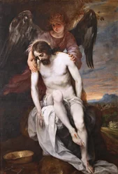Spanish:  Cristo muerto sostenido por un ángel The dead Christ supported by an Angel