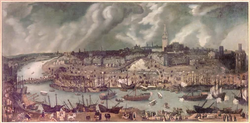 Vista de la ciudad de Sevilla (España). Pintura atribuida a Alonso Sánchez Coello (Sánchez Coello) (hacia 1531-1588). Finales del siglo XVI