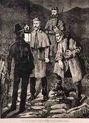 El estado de Irlanda: Patrulla policial desafiando a una persona sospechosa, de The Illustrated London News, 8 de junio de 1881