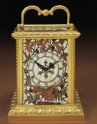 Reloj de carruaje, de un conjunto de escritorio de cuatro piezas de Napoleón III, marquetería por Duvinage y Harinckouk, c.1877