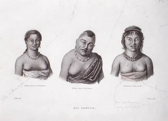 Esposas de los jefes hawaianos de las Islas Sandwich, c.1824 (grabado)
