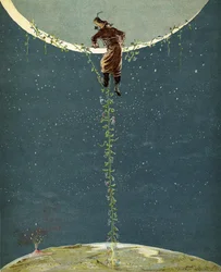 El barón Munchausen sube a la luna por medio de una planta de frijol turco, de 