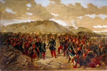 Guerra de Crimea (1853-1856): "Mac-Mahon y los Primeros Zuavos a Malakoff, 8/09/1855" El general Mac Mahon (1808-1898) da sus últimas instrucciones a los Primeros Zuavos del coronel Collineau antes de la toma del Reducto de Malakoff. Pintura de Alphonse Ai
