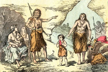 Una familia en la era de los renos (Prehistoria): Creación natural y seres vivos. Dibujo A. Demarle. 1885