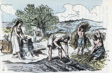 La vida cotidiana en la Prehistoria: escena del trabajo agrícola en la edad del hierro Grabado de "La nature et l