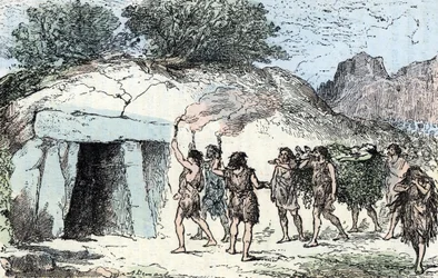 Prehistoire, neolithic; ceremony funebre (Prehistoria, neolítico: ceremonia funeraria) Grabado de "Nature and Man" de Rengade 1881 Colección particular