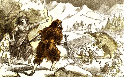 Prehistoria: caza del mamut. Periodo glacial: Creación natural y seres vivos. Dibujo de A. Demarle. 1885