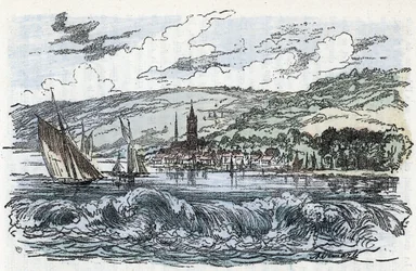 Vista del mascaret del Sena a Caudebec-en-Caux (Caudebec en Caux) en el Sena Marítimo, Normandía (la perforación del Sena a Caudebec en Caux, Normandía) Grabado de "La nature et l
