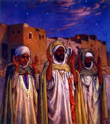 Ilustración de peregrinos árabes musulmanes camino de La Meca, por Nasreddine Dinet (Alphonse-Étienne Dinet). 1861 1929