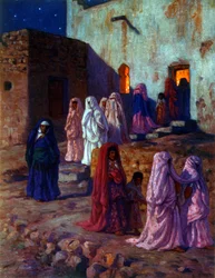 Ilustración de mujeres árabes musulmanas celebrando el Mawlid (Nacimiento del Profeta), la festividad del profeta islámico Mahoma. Por Nasreddine Dinet (Alphonse-Étienne Dinet). 1861 1929. Pintor orientalista francés. 1918.