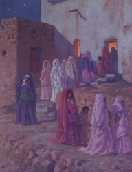 Musulmanes saliendo de la mezquita del pueblo en la víspera de Mouled, ilustración de una historia de la vida del Profeta Mahoma, publicada en París en 1918