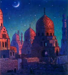 La Ciudad de los Muertos. o Necrópolis de El Cairo. El Cairo. Egipto. por Nasreddine Dinet (Alphonse-Étienne Dinet). 1861 1929. pintor orientalista francés 1919