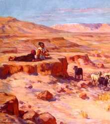 Dos niños nómadas árabes tocan una flauta mientras observan cabras en el desierto. por Nasreddine Dinet (Alphonse-Étienne Dinet). 1861 1929. pintor orientalista francés 1918