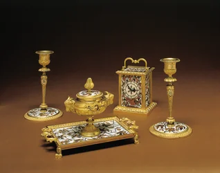 Juego de escritorio de cuatro piezas de Napoleón III, marquetería de Duvinage y Harinckouk, c.1877