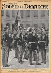 Presentación de las cruces de comandante de la Legión de Honor a cuatro generales (Gosse Dubois, General Colonna, General Toulza, General Dalstein) por el General Brugere. Grabado por Lalauze para “Le Soleil-du-Dimanche” en febrero de 1900.