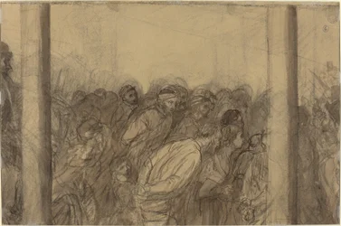 Multitud de personas vistas entre dos columnas [verso]