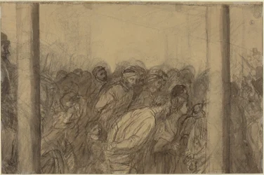 Multitud de personas vista entre dos columnas [reverso]