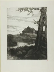 Granja con gran árbol