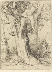 Paisaje con un niño en un árbol