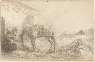 Hombre abrevando un caballo