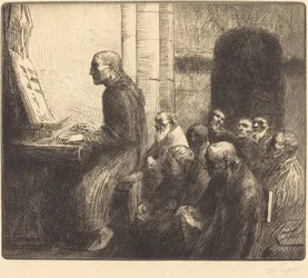 Monje tocando el órgano en la iglesia.