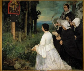 El exvoto. Mujeres (¿con trajes tradicionales bretones?) reunidas frente a un exvoto