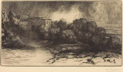 Vista de una granja durante una tormenta