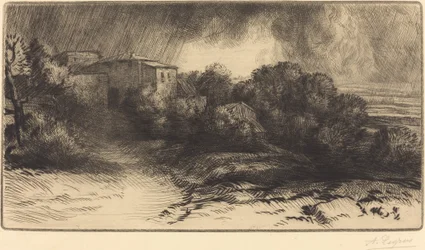 Vista de una granja vista en una tormenta La ferme de Brieux Effet d