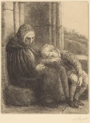 Mujer sentada junto a una pared, niño con la cabeza en su regazo (Mujer sentada, con una pared al fondo, niño con la cabeza en su regazo)