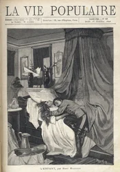 Un soldado desesperado abrazando el cadáver de una mujer acostada en una cama. Ilustración de Alfons Maria Mucha (Alphonse Marie Mucha)