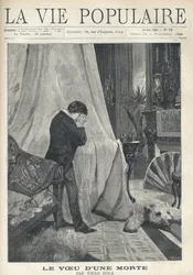 Un hombre llora, escondiendo sus lágrimas y su rostro en un pañuelo, de pie detrás del dosel de una cama, en un dormitorio ricamente decorado, con piel de oso, cojines bordados, abanico y varios jarrones y candelabros. Ilustración de Alfons Maria Mucha (Al