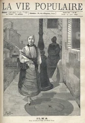 Una joven simple y distinguida, con el pelo en trenzas, sosteniendo un paraguas, camina con confianza por la calle. Detrás de ella, una mujer vestida de negro y un carruaje que lleva barriles continúan su camino. Ilustración de Alfons Maria Mucha (Alphonse