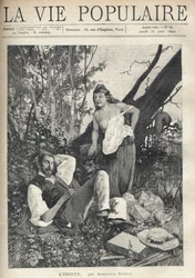 Una joven, despeinada, desnuda, con el pecho aparente, se inclina con confianza y diversión hacia un pintor acostado, durmiendo en medio de la naturaleza, con chaqueta, sombrero, material y pipa esparcidos en el suelo. Ilustración de Alfons Maria Mucha (Al