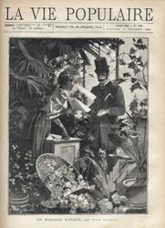 Un hombre elegante compra flores en una floristería. Ilustración de Alfons Maria Mucha (Alphonse Marie Mucha)