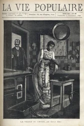Una mujer elegante encera un zapato en la cocina de una casa. Un hombre abre la puerta detrás de ella. Ilustración de Alfons Maria Mucha
